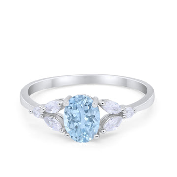 Oval Art Deco Engagement Ring Marquise Simulated Aquamarine CZ 925 Sterling Silver